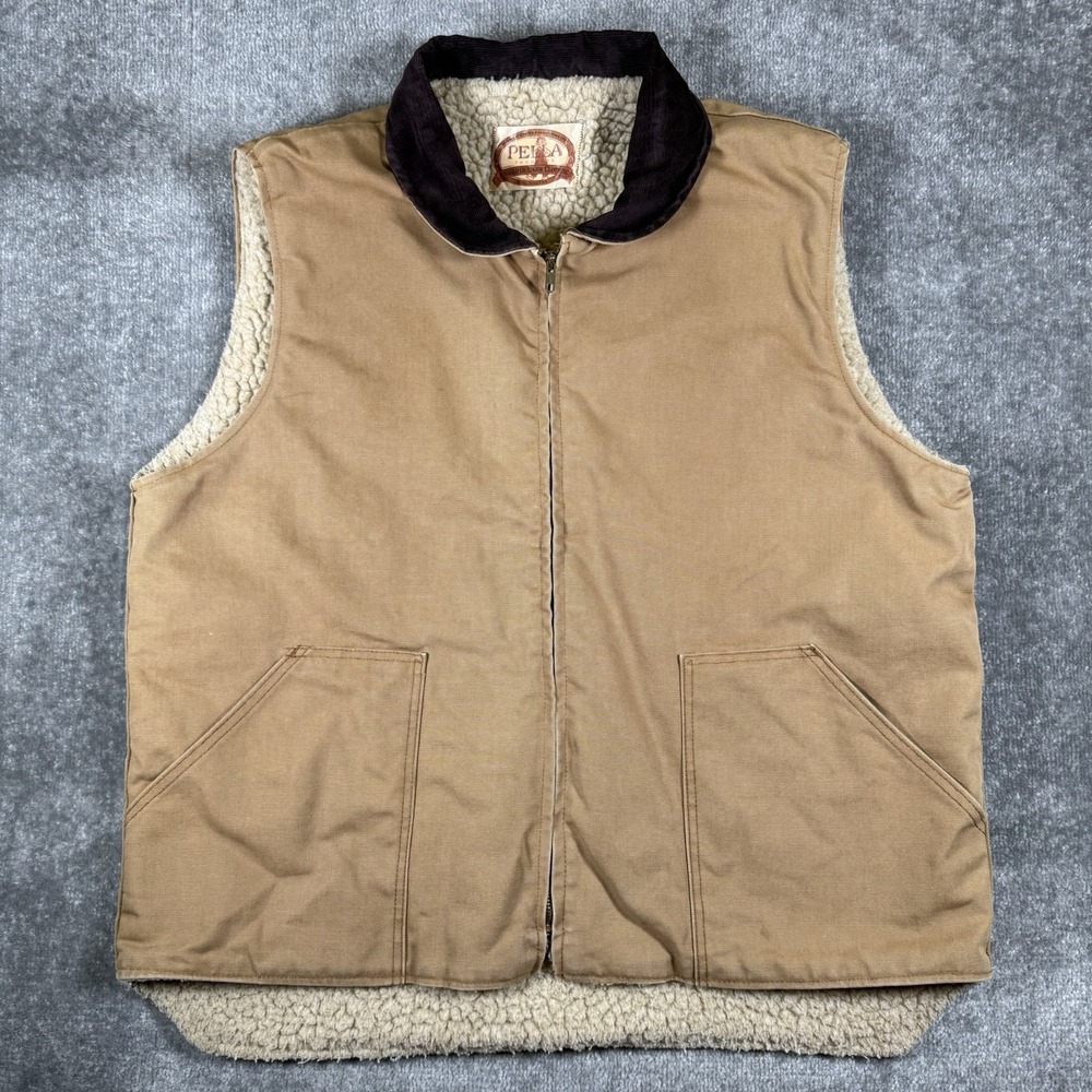 Vintage Pella Vest Men's 2XL Tall Brown Canvas Fleece Lined Full Zip USA Made